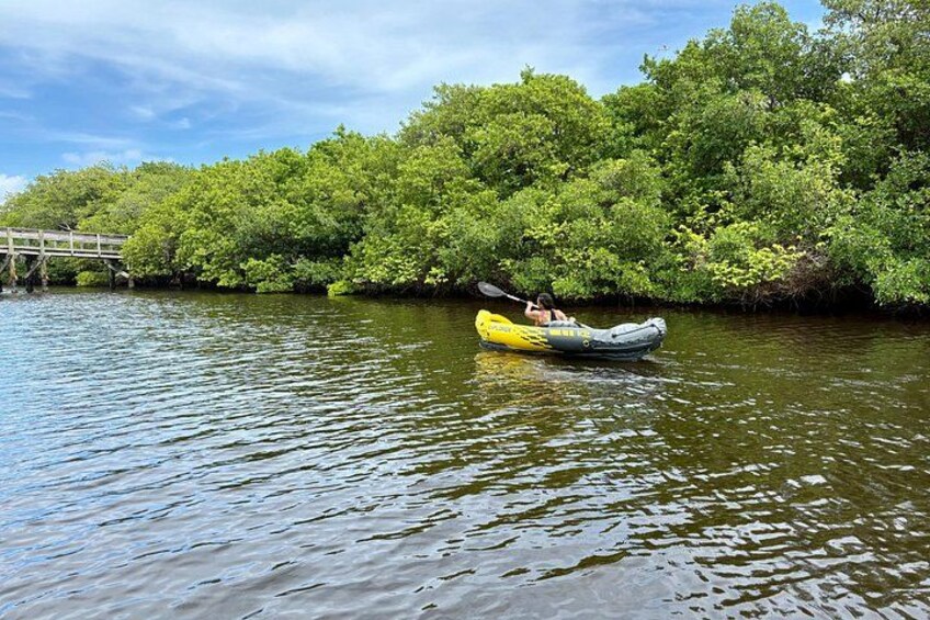 A person kayaking on a river surrounded by lush greenery. 5
