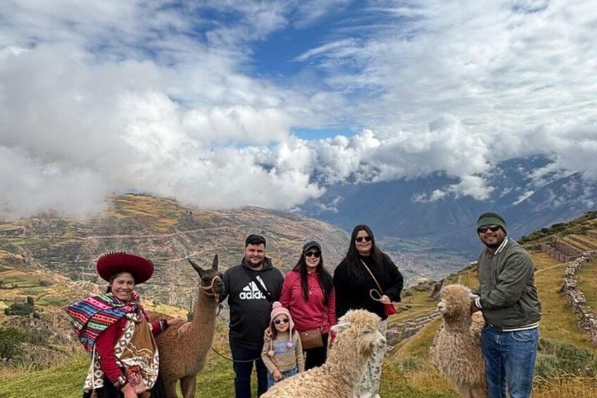 A group of people with llamas on a mountain with clouds in the background. 1