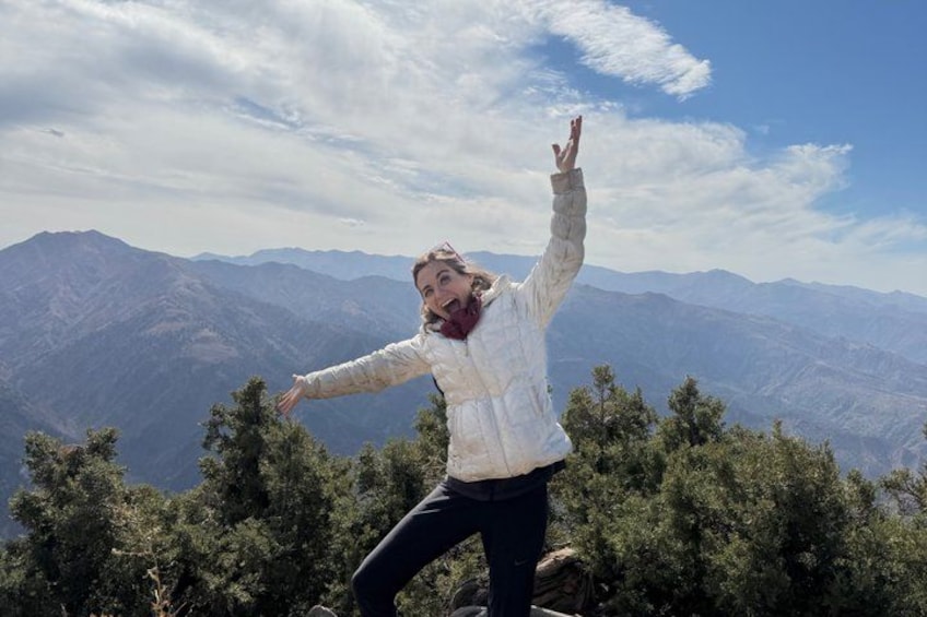 A person standing on a mountain peak with arms raised, surrounded by trees and a mountainous landscape. 2
