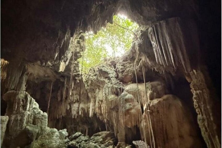 Una grotta con stalattiti e stalagmiti, formazioni rocciose naturali, e una piccola apertura che lascia filtrare la luce. 3