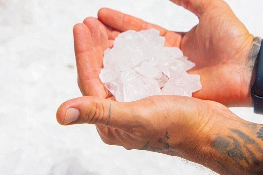 Hands holding a pile of ice cubes. 5