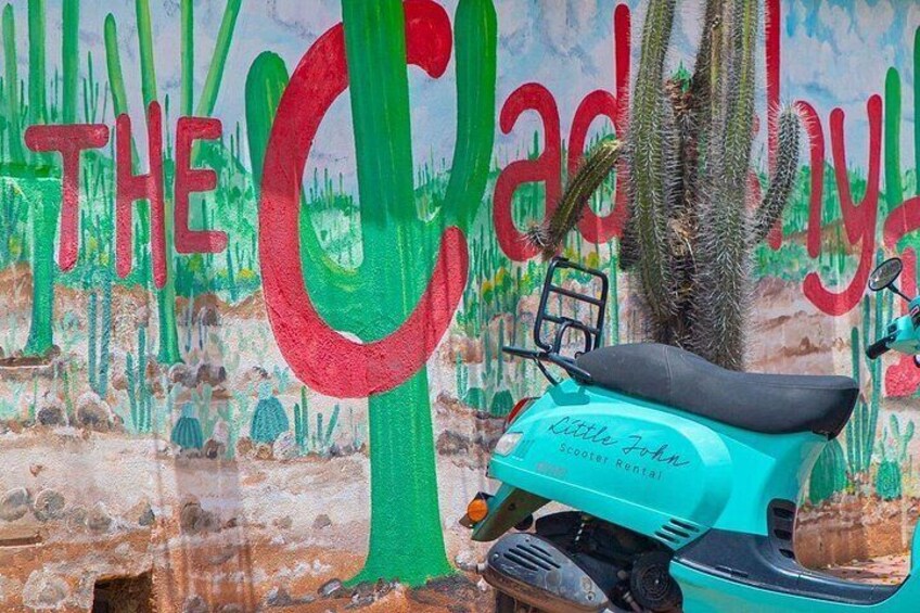 A teal scooter parked in front of a mural with cacti and the text 'THE Cactus.' 2