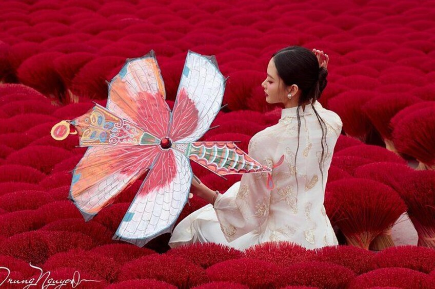 A person holding a colorful fan in a field of red flowers. 2