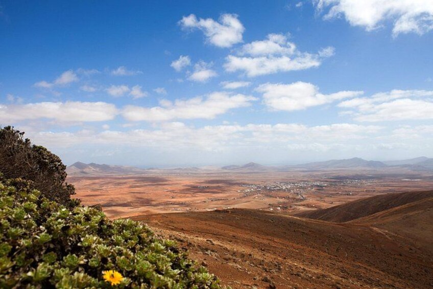 A desert landscape with rolling hills, a small settlement in the distance, and a clear blue sky with scattered clouds. 3