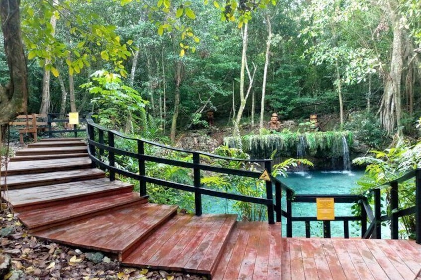 A wooden staircase leading to a waterfall in a forested area. 4