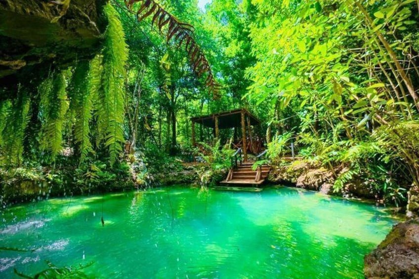 A serene forested area with a clear water body, a wooden gazebo, and a stone staircase. 5