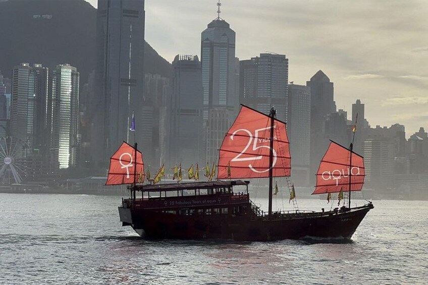 Ein Boot mit roten Segeln und der Aufschrift 25, das auf dem Wasser fährt, wobei im Hintergrund eine Stadtansicht zu sehen ist. 2