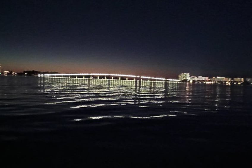 A nighttime view of a bridge over water with lights reflecting on the surface. 4