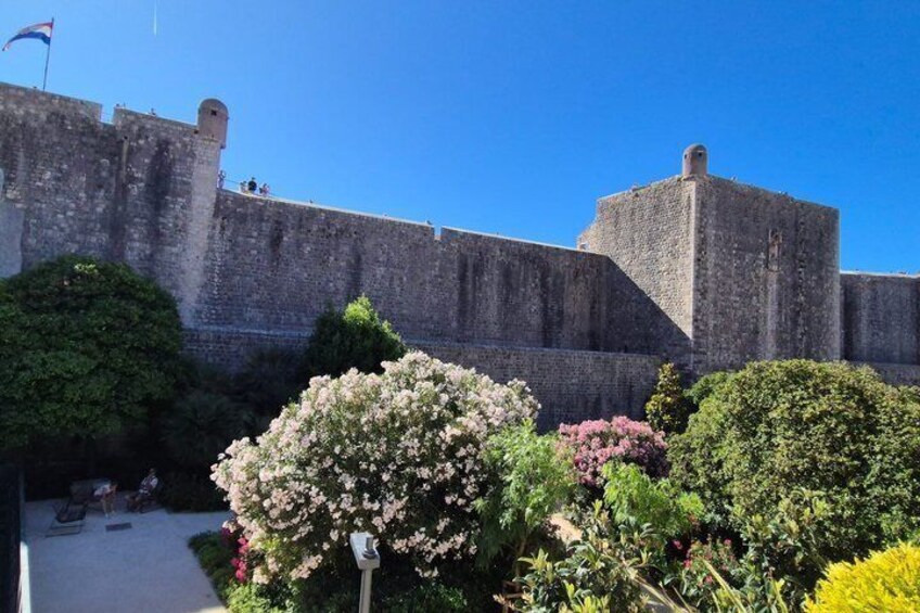 A historic stone wall with a flag, surrounded by flowering bushes and greenery. 4