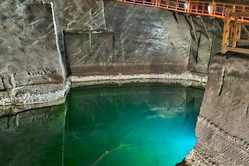 Une grande piscine artificielle surmontée d’une passerelle en bois. 4