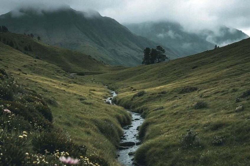 A valley with a stream, grassy hills, and mountains in the background. 1