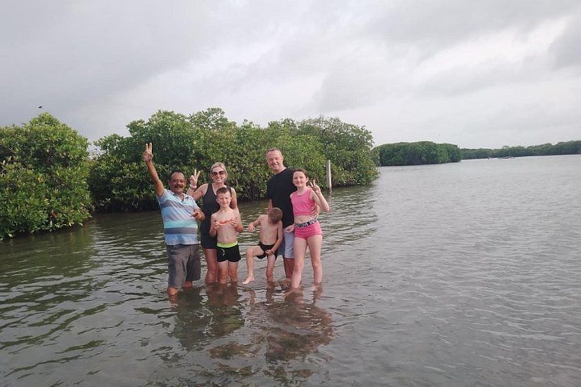 A group of people standing in shallow water near mangrove trees. 5