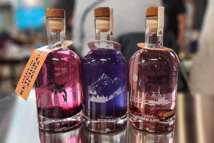 Three bottles of Ketchikan Alaska whiskey with different colored labels. 1
