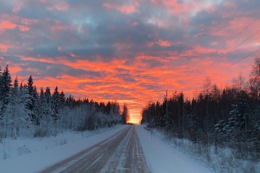 Una carretera cubierta de nieve bordeada por árboles bajo un cielo al atardecer. 4