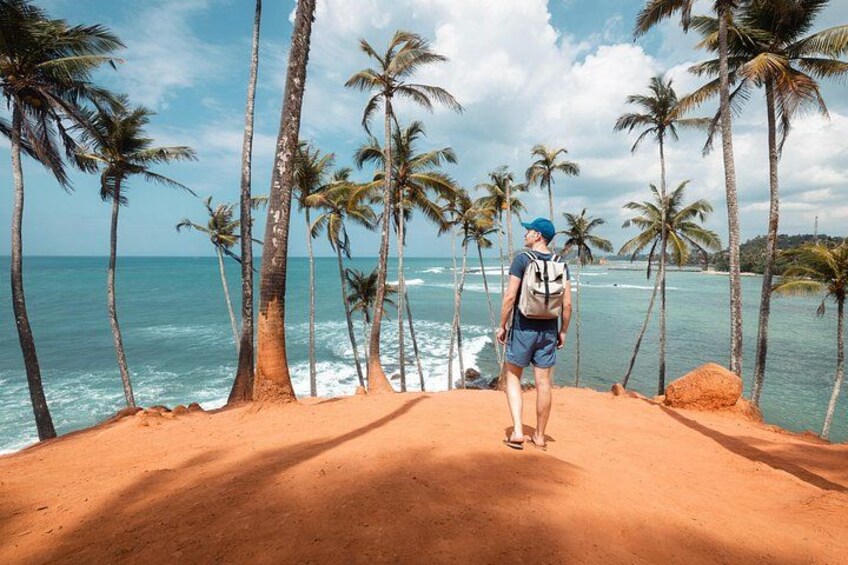 A person standing on a sandy beach with palm trees and the ocean in the background. 4