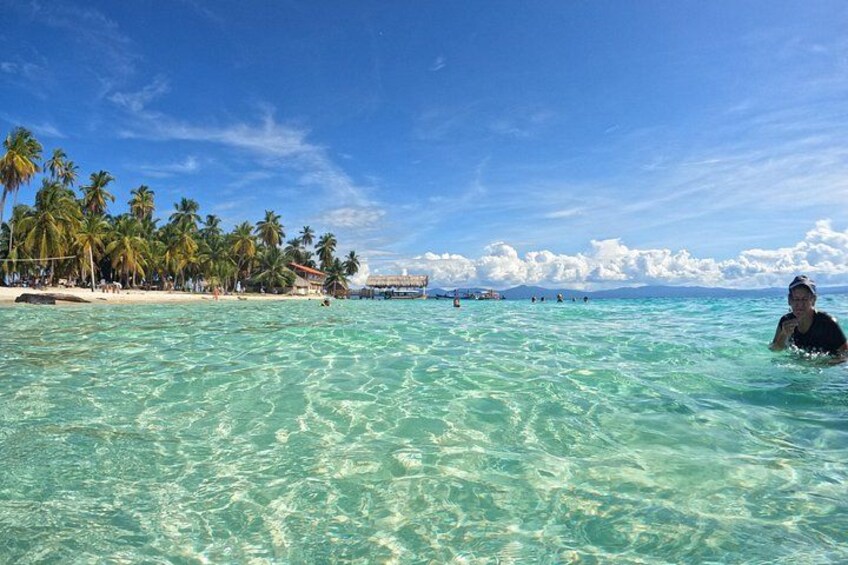 A beach with clear turquoise water, palm trees, and a distant boat. 4