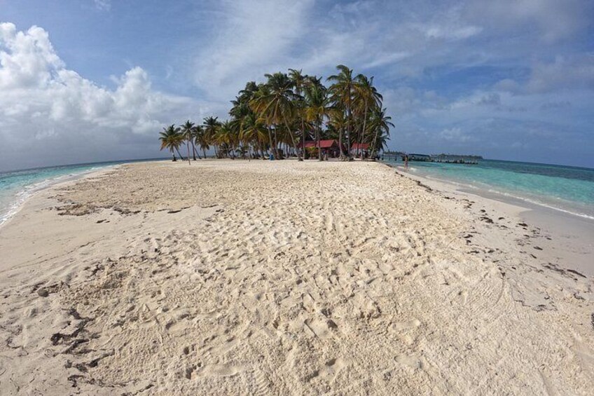 A beach with white sand, palm trees, and a clear blue sky. 2