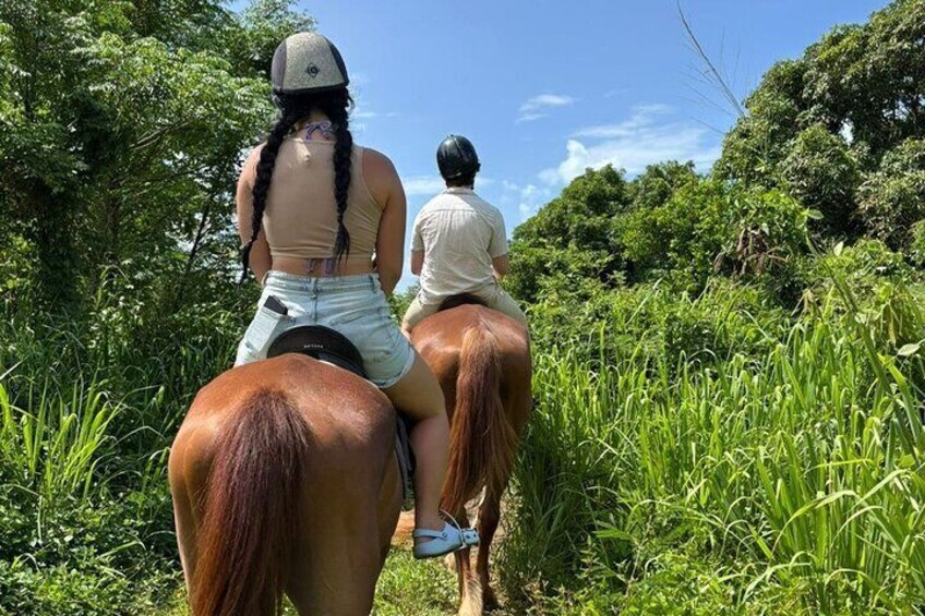Due persone cavalcano dei cavalli su un sentiero immerso nel verde. 1