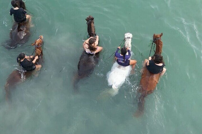 Persone a cavallo che cavalcano in acque basse. 3