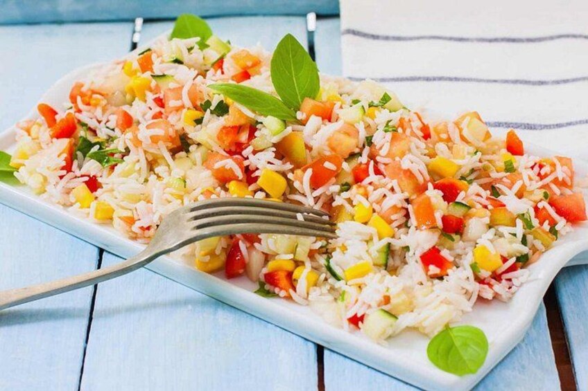 Delicious lunch with mozzarella, Falanghina, and rice salad. 3