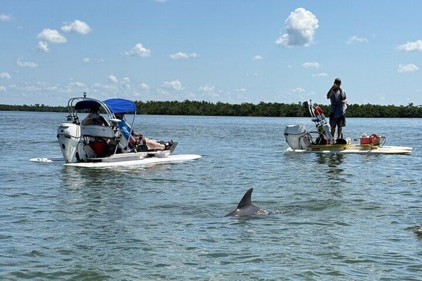 A boat with a person standing on the deck, another person on a smaller boat, and a dolphin swimming in the water. 4