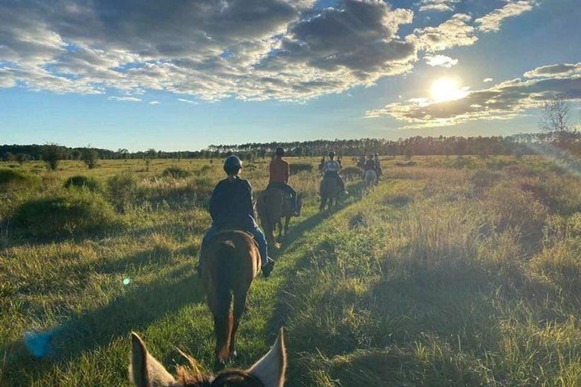 A group of people horseback riding in a grassy field with a clear sky and the sun setting in the background. 2