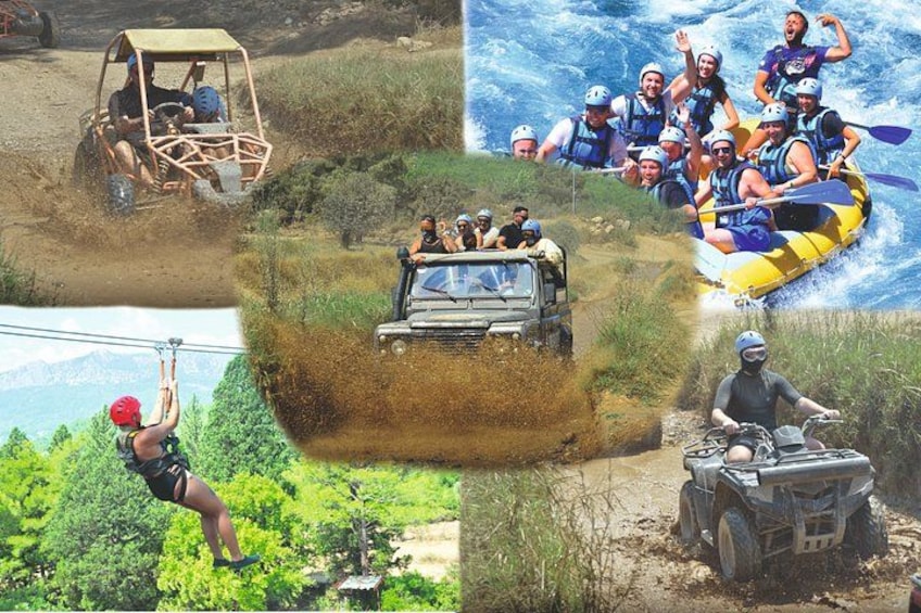 A jeep, a raft, a person on a zip line, and a person on a quad bike. 1