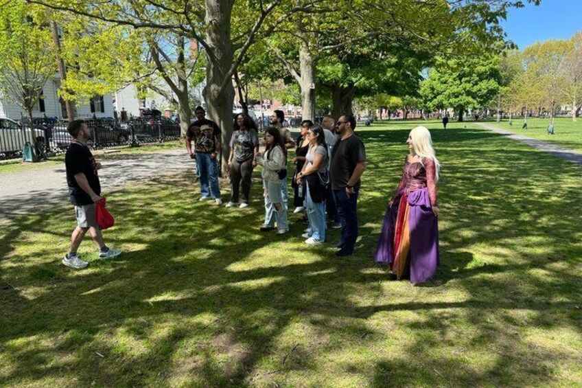 A group of people standing on grass in a park with trees and a clear sky. 2
