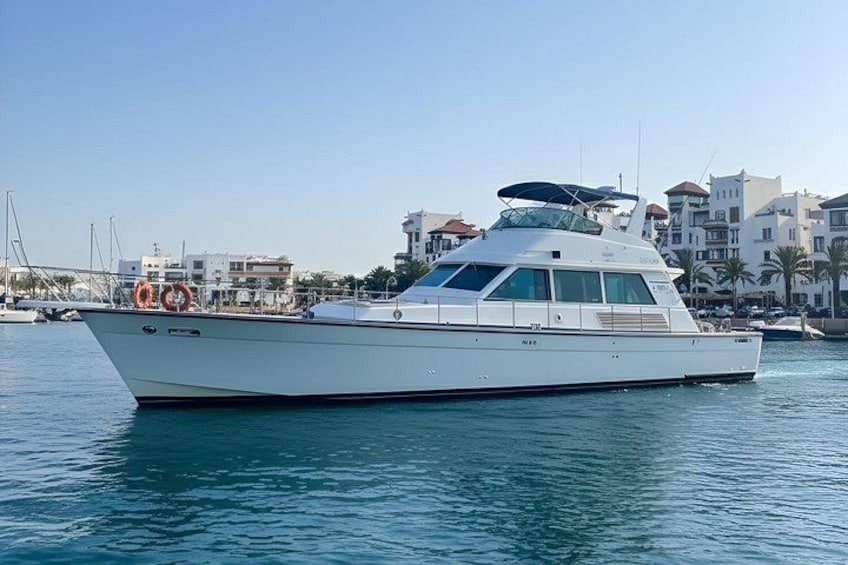 A white yacht docked at a marina with buildings and palm trees in the background. 4
