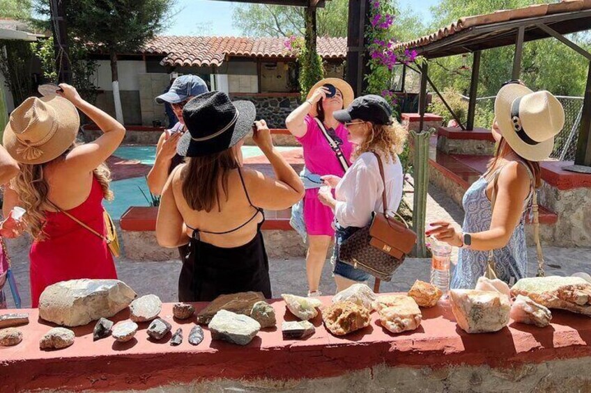 A group of people examining rocks and minerals at an outdoor exhibit. 5