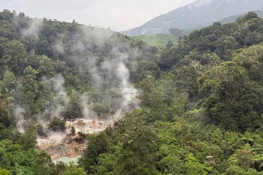A forested area with smoke rising from a ground-level structure, possibly a small industrial facility. 3