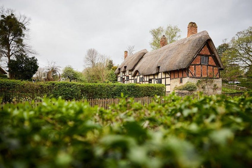A traditional thatched-roof house with a hedge in the foreground. 2