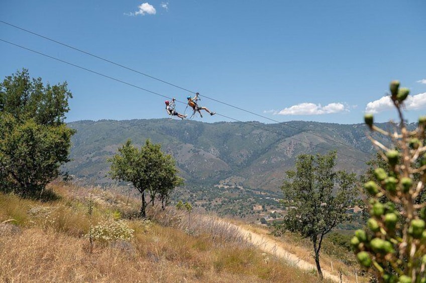 A mountainous landscape with a dirt path, trees, and power lines. 5