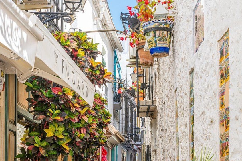 A narrow street with buildings adorned with hanging plants and a sign that reads 'FUGARO'. 2