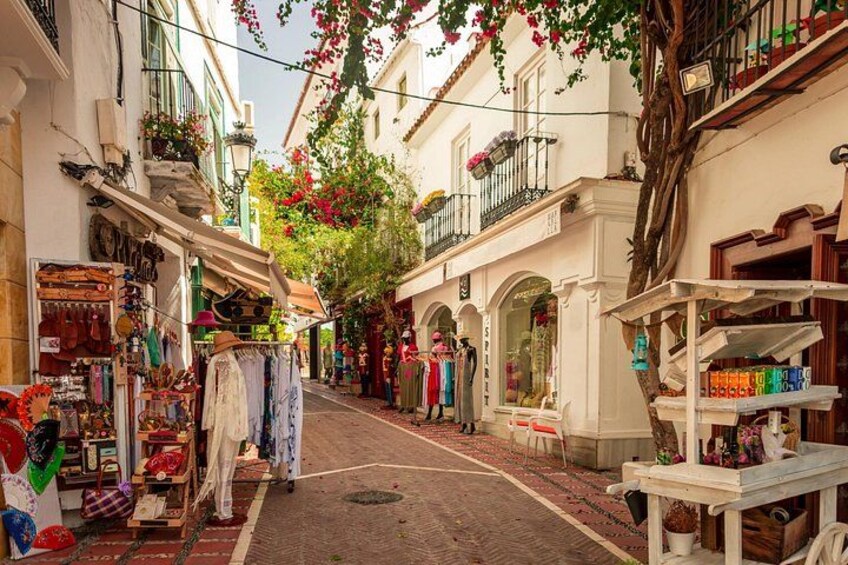 A narrow street with shops on either side, a tree with flowers, and a bench in the center. 3