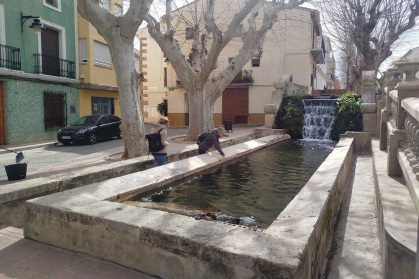 Un canal de agua estrecho con una pequeña cascada, rodeado de árboles y edificios. 5