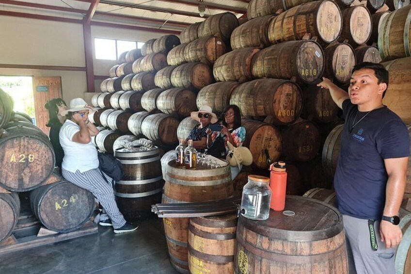 A storage area with numerous wooden barrels stacked in rows. 4