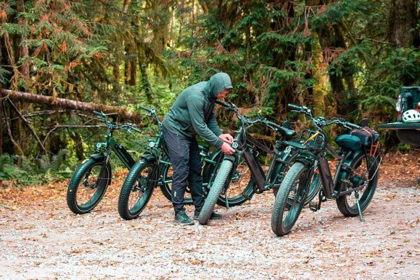 A person adjusting bicycles in a forested area with fallen leaves on the ground. 5