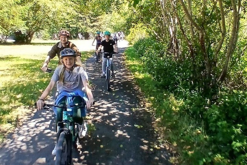 A group of cyclists on a tree-lined path. 3