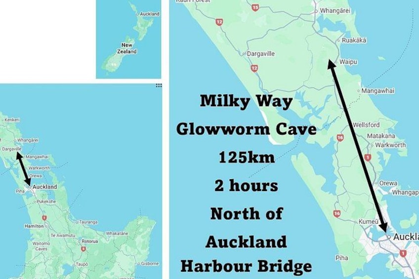 A map of New Zealand highlighting Milky Way Glowworm Cave, 125km north of Auckland Harbour Bridge. 2