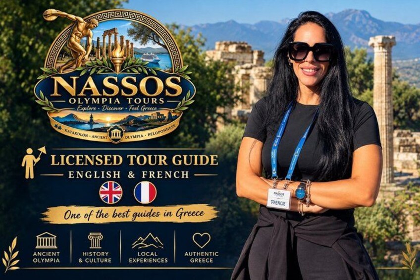 A tour guide with a badge, standing in front of ancient ruins with a clear sky. 3