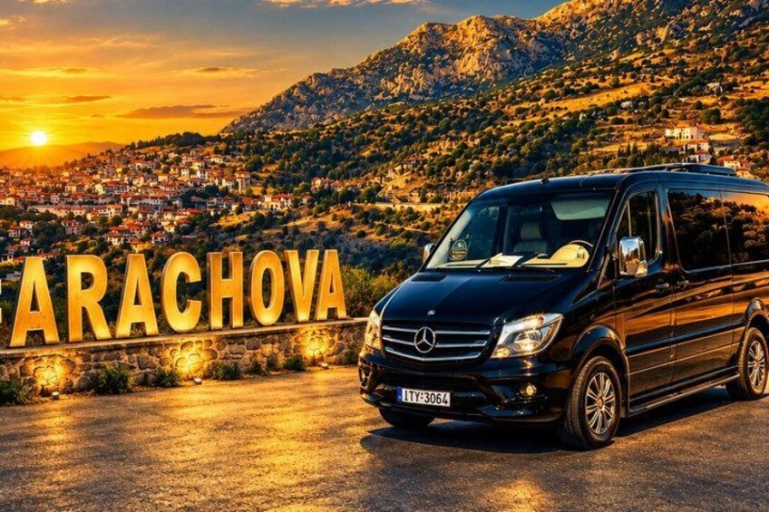 A black Mercedes-Benz van parked in front of a sign reading 'ARACHOVA' with a mountainous landscape in the background. 2