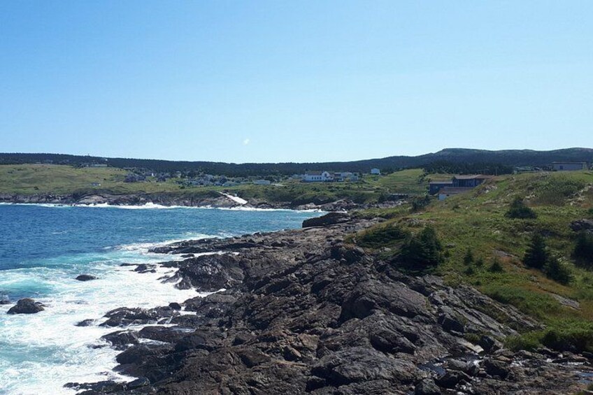 A rocky coastline with waves crashing against the shore, a clear sky, and distant buildings on a hilly landscape. 3