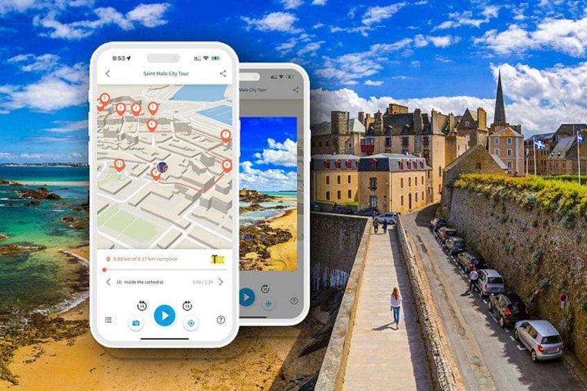 A smartphone displaying a map with a tour route, a coastal view with buildings, and a clear sky. 3