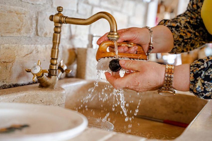 Hands washing a black object under a brass faucet in a kitchen sink. 5