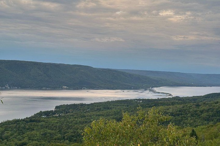 A coastal landscape with a forested hill, a body of water, and a distant shoreline. 1