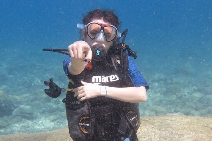 A person scuba diving underwater, wearing a wetsuit and a mask. 2