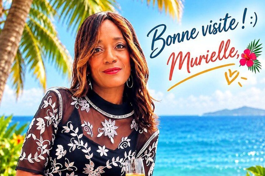 A person in a floral dress with a tropical background and text welcoming visitors to Murielle. 2
