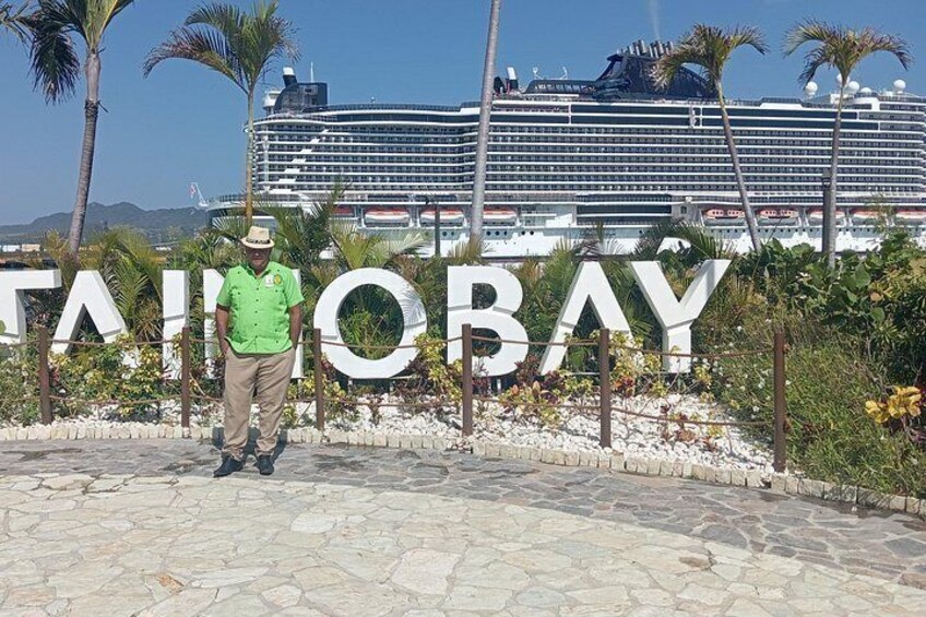 Una persona de pie frente a un cartel con la palabra 'TAI' parcialmente visible, con un crucero al fondo. 5