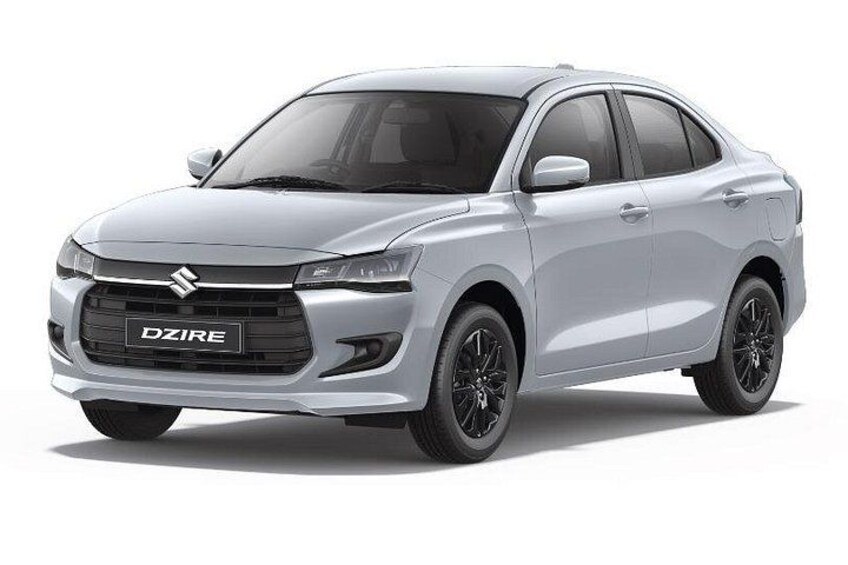 En sølvgrå Suzuki DZIRE bil med sorte hjul og en kølergrill. 2